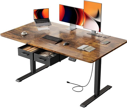 HLDIRECT 55" Electric Standing Desk with Outlets & 2 Drawers, Rustic Brown | 31.5" extra-wide desktop, 176lb, 28.35"- 46.06" height range, 3 memory presets, home office ergonomic workstation