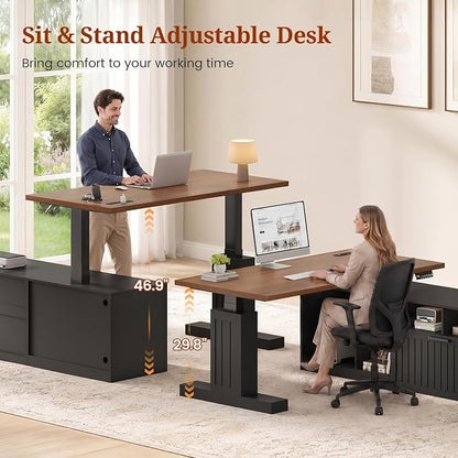 Farmhouse L Shaped Standing Desk with Lateral File Cabinet, 55.1" X 54.3" Electric Executive Desk Adjustable Height with Power Outlets, Shelves, Sit Stand Corner Computer Desk for Home Office, Black