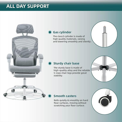 DUMOS Home Office Desk Chair with Footrest, High-Back Mesh Rolling Swivel Reclining Chairs with Wheels, Comfortable Headrest, Lumbar Support, Comfy Arms for Home, Office, Gaming, Student,Elegant Grey