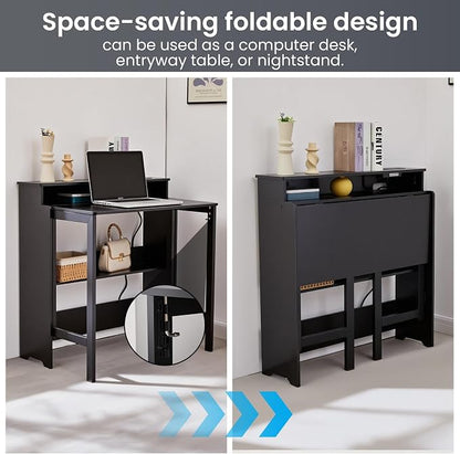 Folding Desk with Charging Station,Fold Out Desk with Monitor Stand,Storage Shelf,Small Foldable Computer Desk for Compact Home Office Spaces (Black)