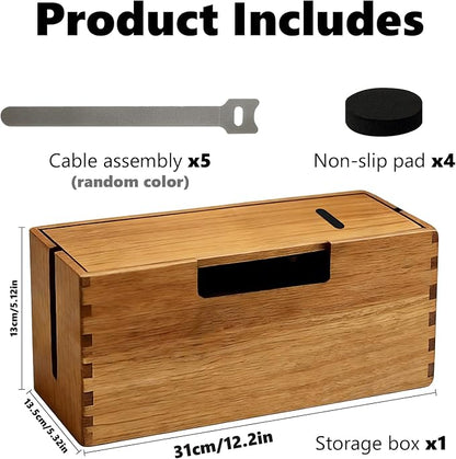 Acacia Wood Cable Management Box, Wooden Cord Hider Organizer for Power Strip, Desk/Floor/TV Wire Storage, Under Desk Cable Organizer for Home Office