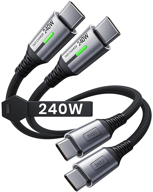 INIU USB C to USB C Cable, 240W Fast Charging Type C Charger Cord, Braided USBC Phone Charger Cable for iPhone 17 16 Pro Max Samsung S25 S24 Laptops MacBook Air 15 M3 iPad Switch [1ft+1ft Black]