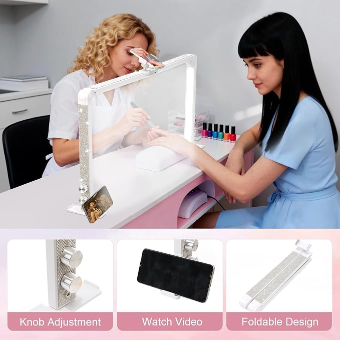 Nail Tech Lamp for Desk, 34 in Large Half Moon Light with Phone Holder, 48W Brightness Adjustable Lash ARC Light for Manicure, Tattoo, Spa, Salon, 3000K-6000K LED Manicure Lamp