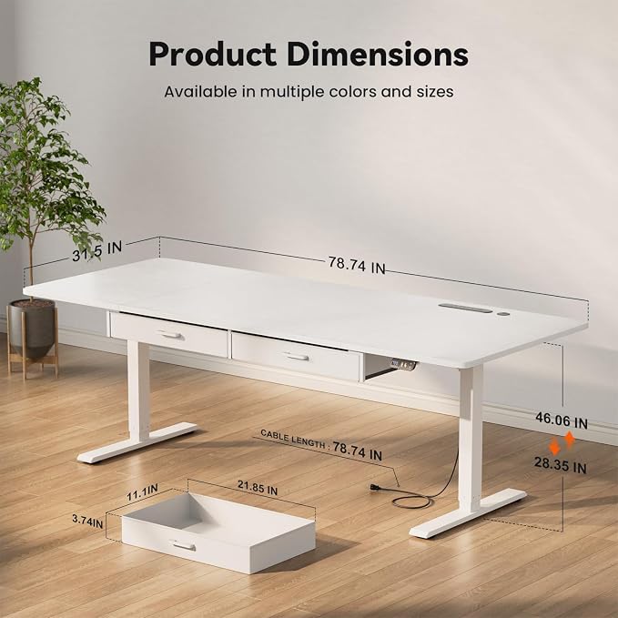 HLDIRECT Electric Standing Desk, Extra Large 79 x 31.5 Inches Height Adjustable Table with Outlets, Sit Stand Computer Desk with Drawers for Home Office, Ergonomic Rising Workstation, White