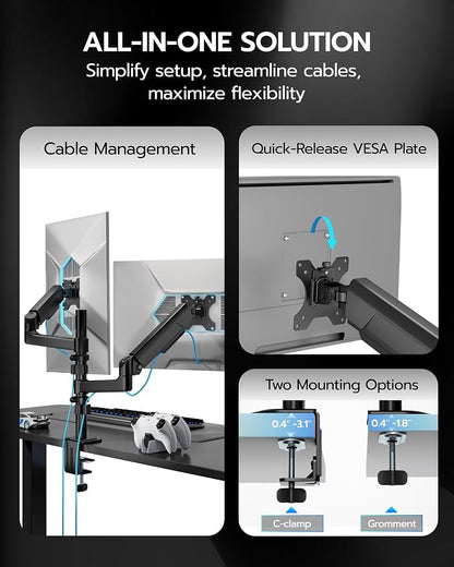 ARES WING Dual Monitor Mount - Ultrawide Monitor Arm for 40 34 32 27 Inch Heavy Duty Curved Screen Up to 26.4 lbs with Clamp/Grommet Desk Mount, 75/100 Vesa Mount, Black