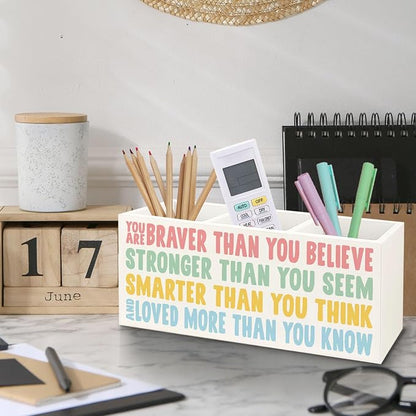 Boho Motivational Wooden Pen Pencil Holder for Desk, You Are Braver Than You Believe Inspirational Quotes Makeup Brush Toothbrush Holder Organizer for Kids Room Nursery Playroom