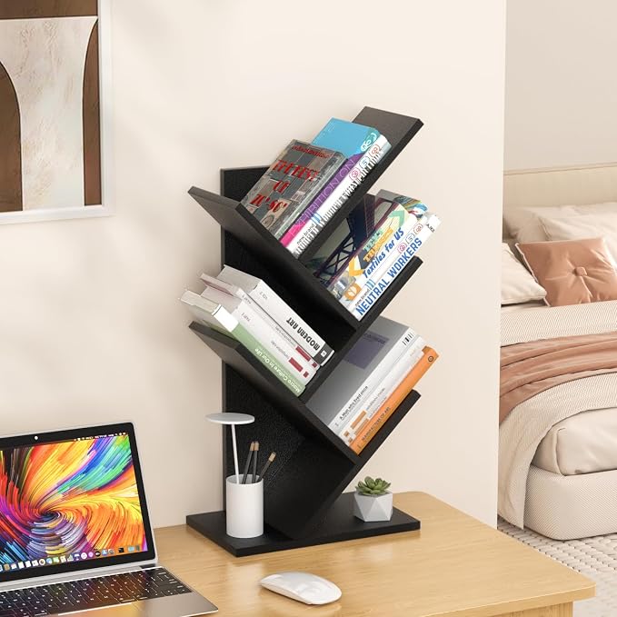 SHEEPAM 5 Tier Tree Book Shelf, Small Desktop Bookshelf with Storage Organizer, Wood Bookcase, Desk Display Bookshelves, Floor Standing Organizer Bookcases for Living Room,Bedroom,Office-Black