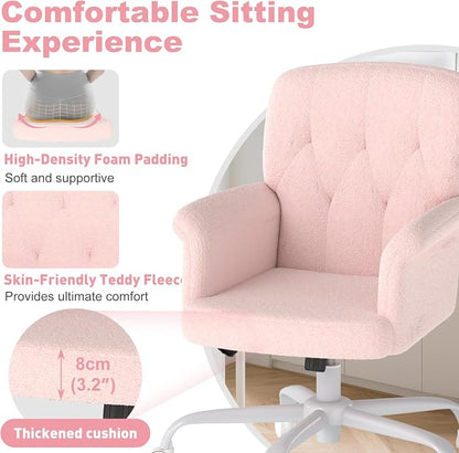 Comfy Home Office Desk Chair, Upholstered Fuzzy Vanity Chair with Wheels and Arms, Modern Adjustable Swivel Computer Seat for Make Up, Home Office, Living Room, Bedroom, Teddy Fleece, Pink