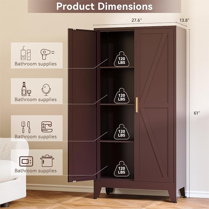 Baborokic 61H Metal Storage Cabinet with 2 Doors and Adjustable Shelves,Farmhouse Storage Cabinet with Barn Doors,Pantry Storage for Home,Office,Dining Room,Kitchen(Burgundy)