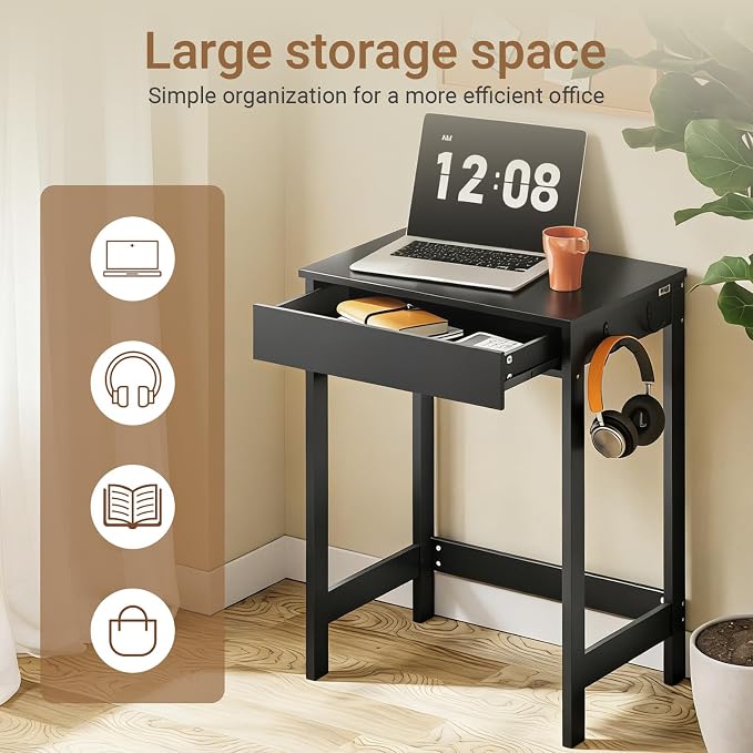 SoBuy Small Writing Desk with MDF Drawers, 24 inch Mini Desk with Side Hooks Suitable for Children Teenagers in Bedroom, Dorm, Living Room (Black, FWT43-SCH)