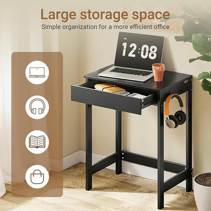 SoBuy Small Writing Desk with MDF Drawers, 24 inch Mini Desk with Side Hooks Suitable for Children Teenagers in Bedroom, Dorm, Living Room (Black, FWT43-SCH)