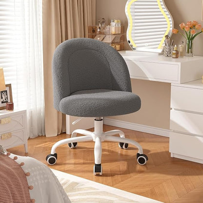 DurayLoly Vanity Chair with Back, Cute Desk Chair with Wheels, Armless Chair with Height Adjustable & 360° Swivel, Soft Lumbar Support for Small Space, Bedroom, Grey