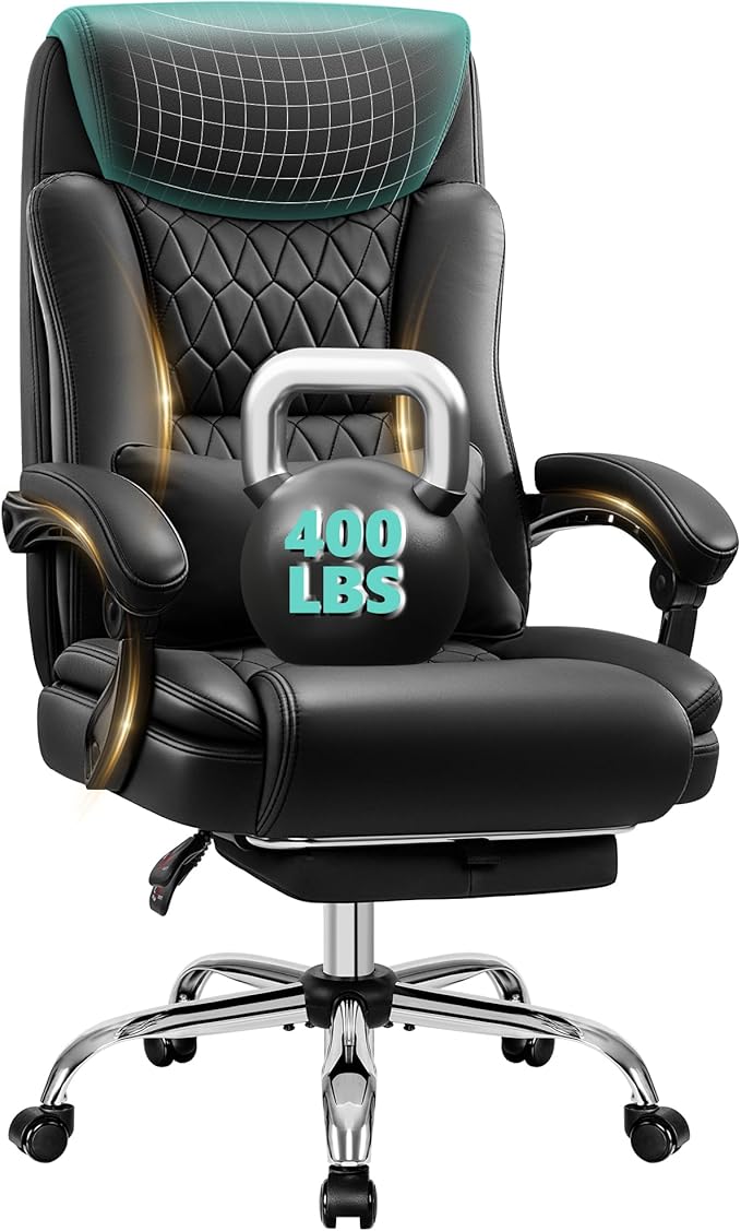 Big and Tall Office Chair 400lbs - Wide Memory Foam Seat with Lumbar Support, Reclining Executive Desk Chair with Footrest, Ergonomic Heavy Duty High Back Computer Chair, Black