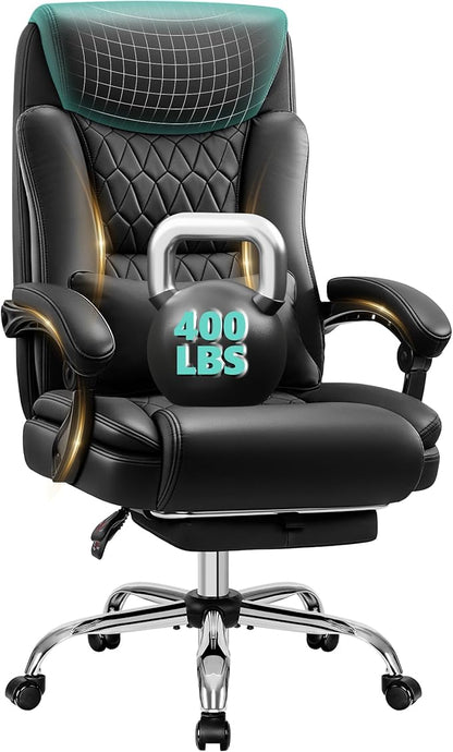 Big and Tall Office Chair 400lbs - Wide Memory Foam Seat with Lumbar Support, Reclining Executive Desk Chair with Footrest, Ergonomic Heavy Duty High Back Computer Chair, Black