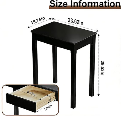 Solid Wood Desk with Drawers - 24 x 16 Inch Simple Narrow Desks, Rubber Wood Study Table, Small Writing Desk for Small Spaces|Bedroom - Modern Black Desks