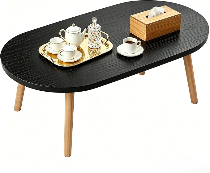 Coffee Table Low Table with Solid Wood Legs, 31.5x19.7 Large Coffee Table Side Table, Floor Table Desk for Sitting on The Floor, Living Room Furniture for Office Apartment Home, Oval Black