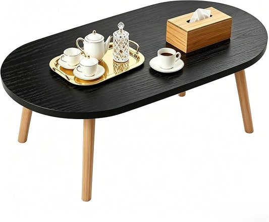 Coffee Table Low Table with Solid Wood Legs, 31.5x19.7 Large Coffee Table Side Table, Floor Table Desk for Sitting on The Floor, Living Room Furniture for Office Apartment Home, Oval Black