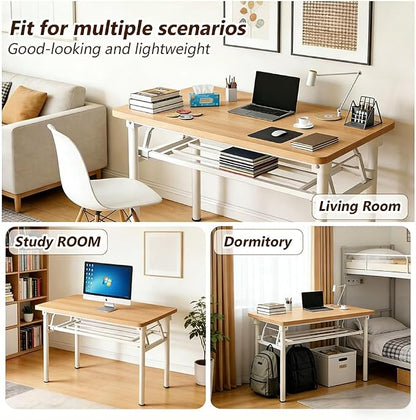 Folding Desk for Small Spaces, 31.5 Inch Foldable Computer Desk, No Assembly Required, Space Saving Portable Study Table for Compact Home Office, Bedroom, Dorm, Apartment, Teak&White