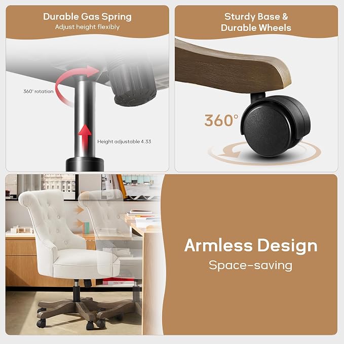 HUIMO Home Office Chair Upholstered Armless Desk Chairs with Wheels Adjustable Height Computer Desk Chair with Wooden Legs Linen Comfortable Swivel for Home Office Study Studio (Beige)