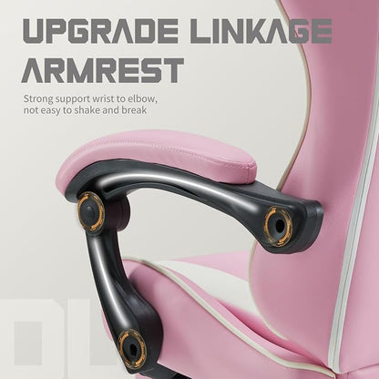 NEWBULIG Gaming Chair with Footrest – Ergonomic High-Back with Lumbar & Headrest Support, Comfy PU Leather Recliner with Linkage Armrests, Adjustable Height, 360° Swivel, Pink