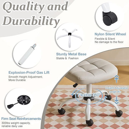 VINGLI Compact Small Desk Chair, Cute Armless Chair with Wheels, Vanity Chair with Low Back, Height Adjustable Task Chair for Small Spaces, Office, Bedroom, Make Up Room, PU Leather, Light Grey