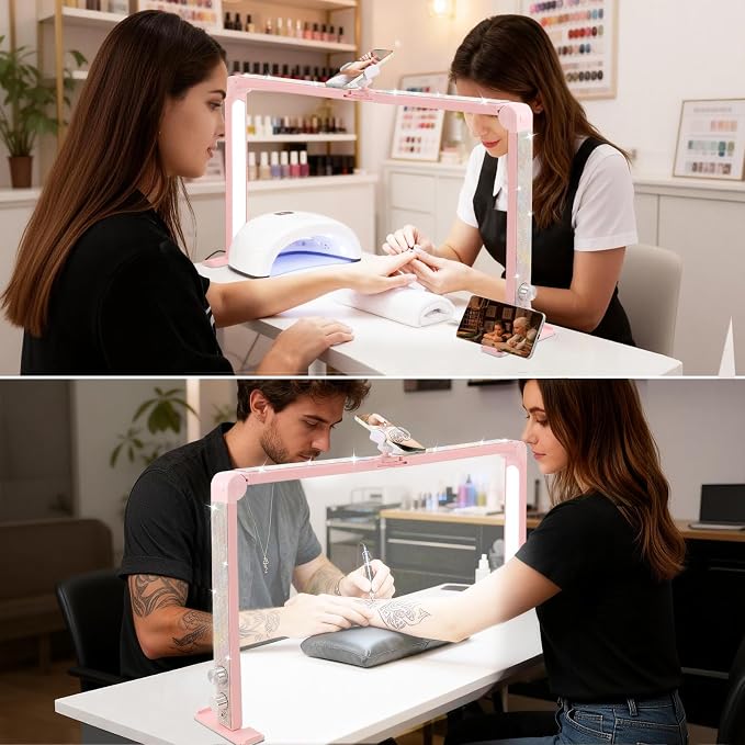 Nail Tech Lamp for Desk, 34 in Large Half Moon Light with Phone Holder, 48W Brightness Adjustable Lash ARC Light for Manicure, Tattoo, Spa, Salon, 3000K-6000K LED Manicure Lamp(Pink)