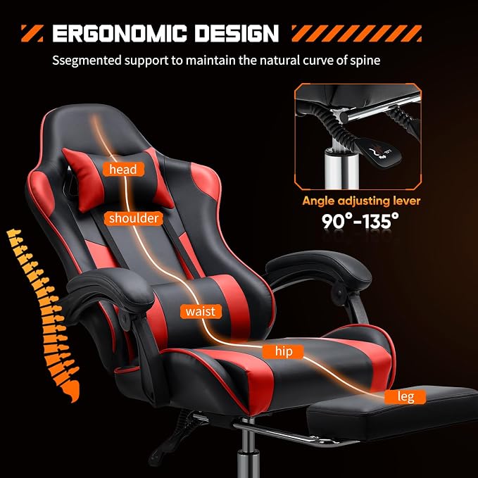 NEWBULIG Computer Gaming Desk Chair - High Back Ergonomic Lumbar Support with Footrest and Headrest, Comfy PU Leather Recliner with Linkage Armrest, Height Adjustable and 360° Swivel, Red
