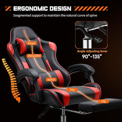 NEWBULIG Computer Gaming Desk Chair - High Back Ergonomic Lumbar Support with Footrest and Headrest, Comfy PU Leather Recliner with Linkage Armrest, Height Adjustable and 360° Swivel, Red