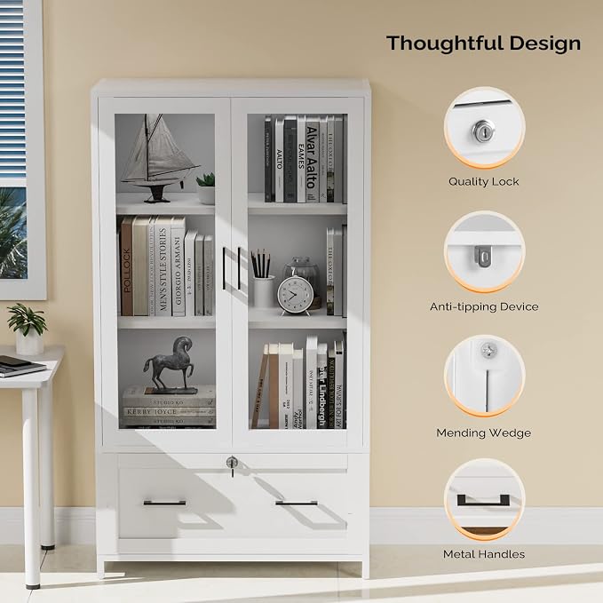 VINGLI Lateral File Cabinet with Glass Doors and Locking Drawer for Hanging File Folders, Bookshelf with Adjustable Shelves for Home Office (White, 30''W x 16''D x 55''H)