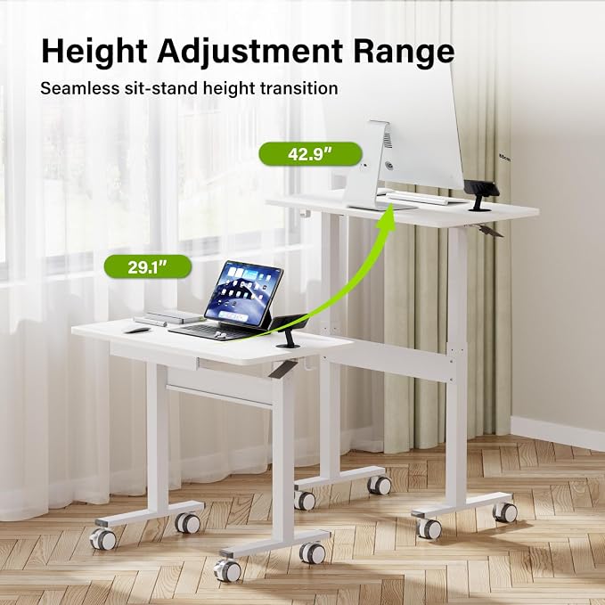 Standing Desk for Walking Pad with Wheels, Pneumatic Cordless Height Adjustable Rolling Desk, Mobile Computer Workstation with Drawer Hook Locking Casters for Treadmill & Home Office, White