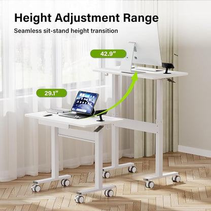 Standing Desk for Walking Pad with Wheels, Pneumatic Cordless Height Adjustable Rolling Desk, Mobile Computer Workstation with Drawer Hook Locking Casters for Treadmill & Home Office, White