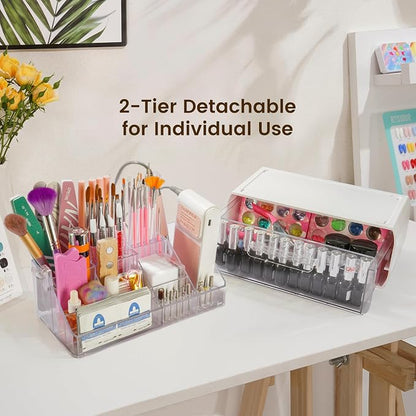 Wilfniee 2-Tier Nail Tech Desk Organizer with Drawer for Polish, Brushes, Drill Bits