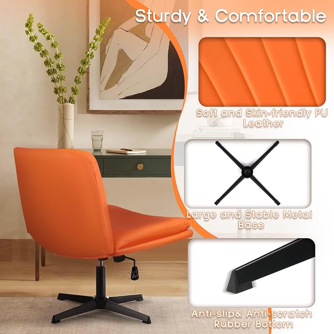PUKAMI Criss Cross Chair,Comfy Cross Legged Office Desk Chair No Wheels,Modern Fabric Swivel Adjustable Height Mid Back Wide Seat for Home Office Computer (Pu Hermes Orange)