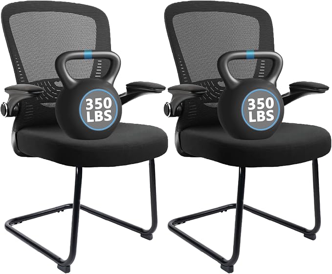 CLATINA Office Guest Chair no Wheels with Lumbar Support and Flip-up Armrest Mid Back Mesh Space Air Grid Series Sled Base for Reception Conference Room Black Set of 2