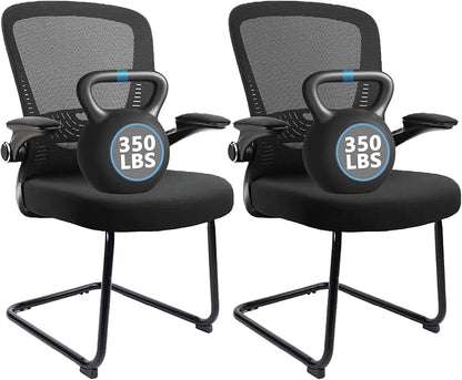 CLATINA Office Guest Chair no Wheels with Lumbar Support and Flip-up Armrest Mid Back Mesh Space Air Grid Series Sled Base for Reception Conference Room Black Set of 2
