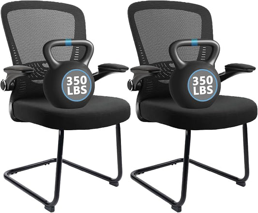 CLATINA Office Guest Chair no Wheels with Lumbar Support and Flip-up Armrest Mid Back Mesh Space Air Grid Series Sled Base for Reception Conference Room Black Set of 2