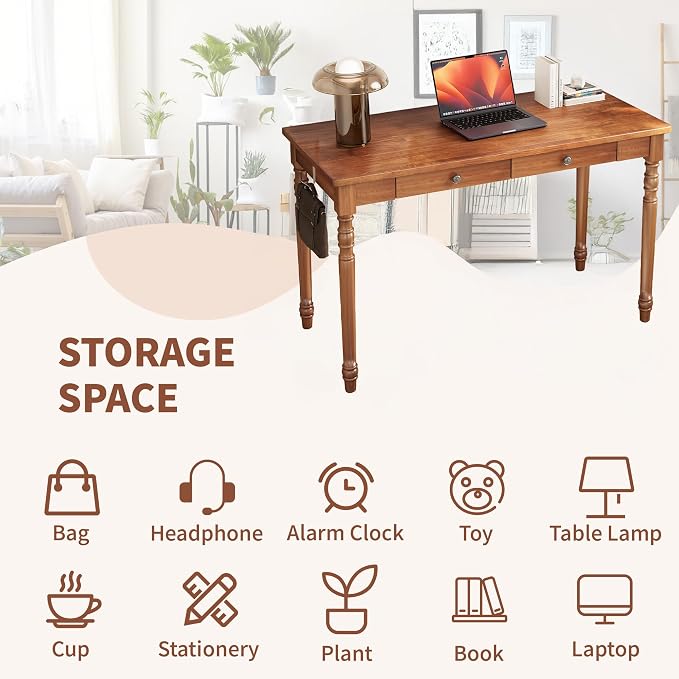 47 x 22 Inch Wooden Desk with Drawers -Simple Mid Century Modern Desk with 2 Hooks, Solid Rubber Wood Study Table for Living Room, Bedroom & Home Office, Walnut Color