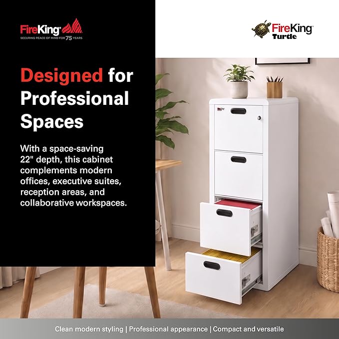FireKing Turtle Contour - 4 Drawer Fire Safe File Cabinet with Key Lock - 1 Hour Fire Rated, UL Rated & Water Resistant Home Safe - Made in the USA Legal & Letter Filing Cabinet - Arctic White