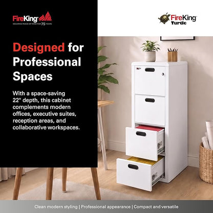 FireKing Turtle Contour - 4 Drawer Fire Safe File Cabinet with Key Lock - 1 Hour Fire Rated, UL Rated & Water Resistant Home Safe - Made in the USA Legal & Letter Filing Cabinet - Arctic White