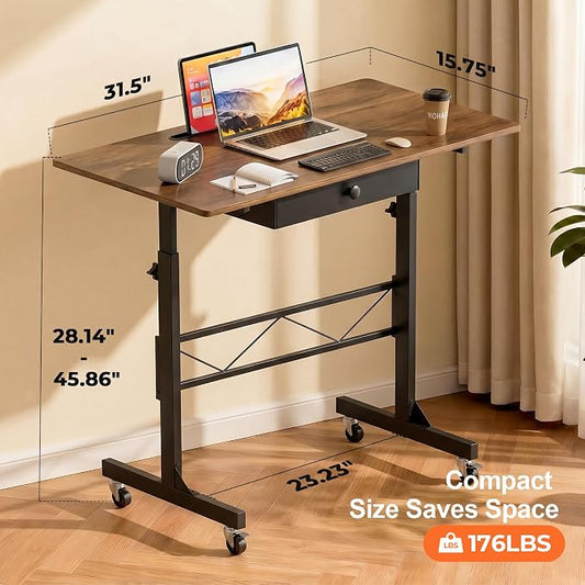 COMHOMA Small Standing Desk with Storage Drawer, Mobile Height Adjustable Rolling Sit Stand Desk with Lockable Wheels 4‑Level Portable Laptop Desk for Small Space Home Office Treadmill Workstation