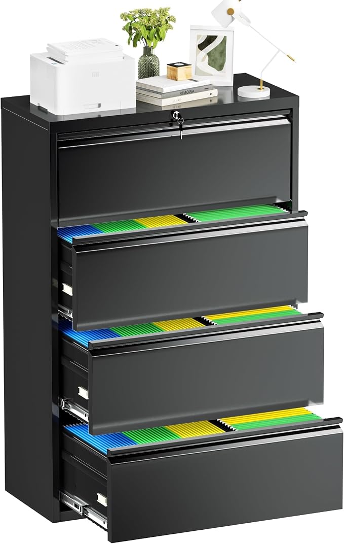 Bonusall 4 Drawer Lateral File Cabinet with Lock, Locking Metal lateral Filing Cabinet for Office Steel lateral File Cabinet, Large Horizontal File Cabinet Locked by Keys-Black