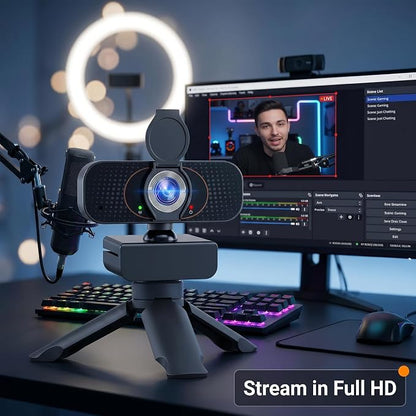 1080P USB Webcam for PC with Microphone Privacy Cover & Tripod | Plug and Play, No drivers; Clear Video Auto Lighting; Noise Canceling Audio; Universal Clamp Mount; Works with Zoom and Teams