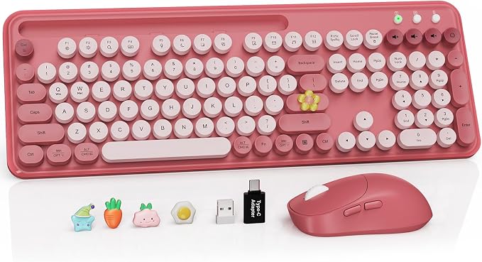 Wireless Keyboard and Mouse Combo, Retro Round Keycaps, Full-Size Stylish Typewriter Keyboard with Large Phone/Tablet Holder, 3-Level DPI Ergonomic Mouse, 2.4GHz Cordless for Windows PC, Rose Pink