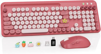 Wireless Keyboard and Mouse Combo, Retro Round Keycaps, Full-Size Stylish Typewriter Keyboard with Large Phone/Tablet Holder, 3-Level DPI Ergonomic Mouse, 2.4GHz Cordless for Windows PC, Rose Pink