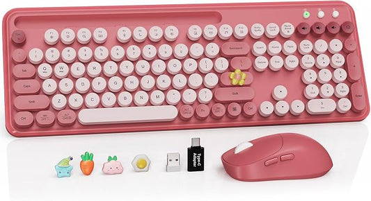 Wireless Keyboard and Mouse Combo, Retro Round Keycaps, Full-Size Stylish Typewriter Keyboard with Large Phone/Tablet Holder, 3-Level DPI Ergonomic Mouse, 2.4GHz Cordless for Windows PC, Rose Pink