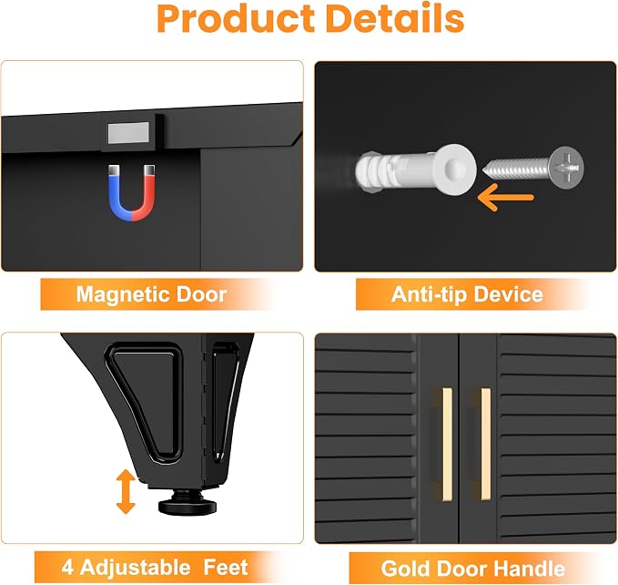 75" Metal Pantry Cabinet,Kitchen Storage Cabinet with Shelves | Louvered Metal Storage Cabinet,Adjustable Shelves,Gold Handles,Leveling Feet,Anti-tipping,for Garage/Kitchen Black