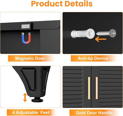 75" Metal Pantry Cabinet,Kitchen Storage Cabinet with Shelves | Louvered Metal Storage Cabinet,Adjustable Shelves,Gold Handles,Leveling Feet,Anti-tipping,for Garage/Kitchen Black