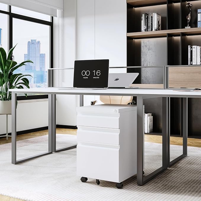 Letaya 3 Drawer Mobile File Cabinet with Lock, Under Desk Metal Rolling Filing Cabinets for Home Office Organizer Letters/Legal/A4 (White- Requires Installation) (White)