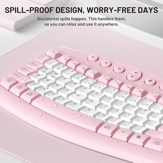Wireless Keyboard and Mouse Combo,2.4G Full Size Ergonomic Curved Silent Keyboard with Fn Multimedia Keys for Office and Home, 3-DPI Quiet Mouse for Windows,Mac OS Desktop/Laptop/PC (Light Pink-B)