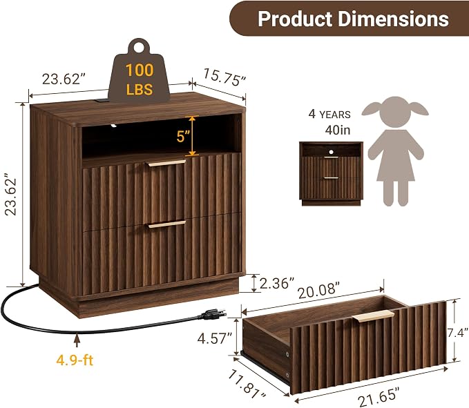 Fluted Nightstand, 23" Wide Night Stand, Walnut Nightstand with Charging Station, 2 Drawer Wooden End Table w/Storage, Large Modern Bedside Table for Bedroom Sofa Home Office,Curved Corners
